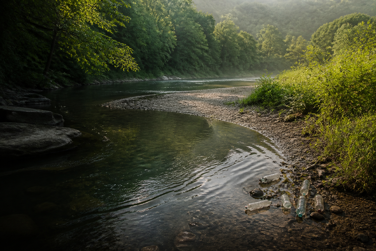 A clear Appalachian riverbank with a small cluster of bottles ready to be reported for cleanup