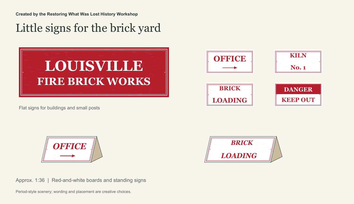 Red-and-white Louisville Fire Brick Works building signs and assembled standing paper signs