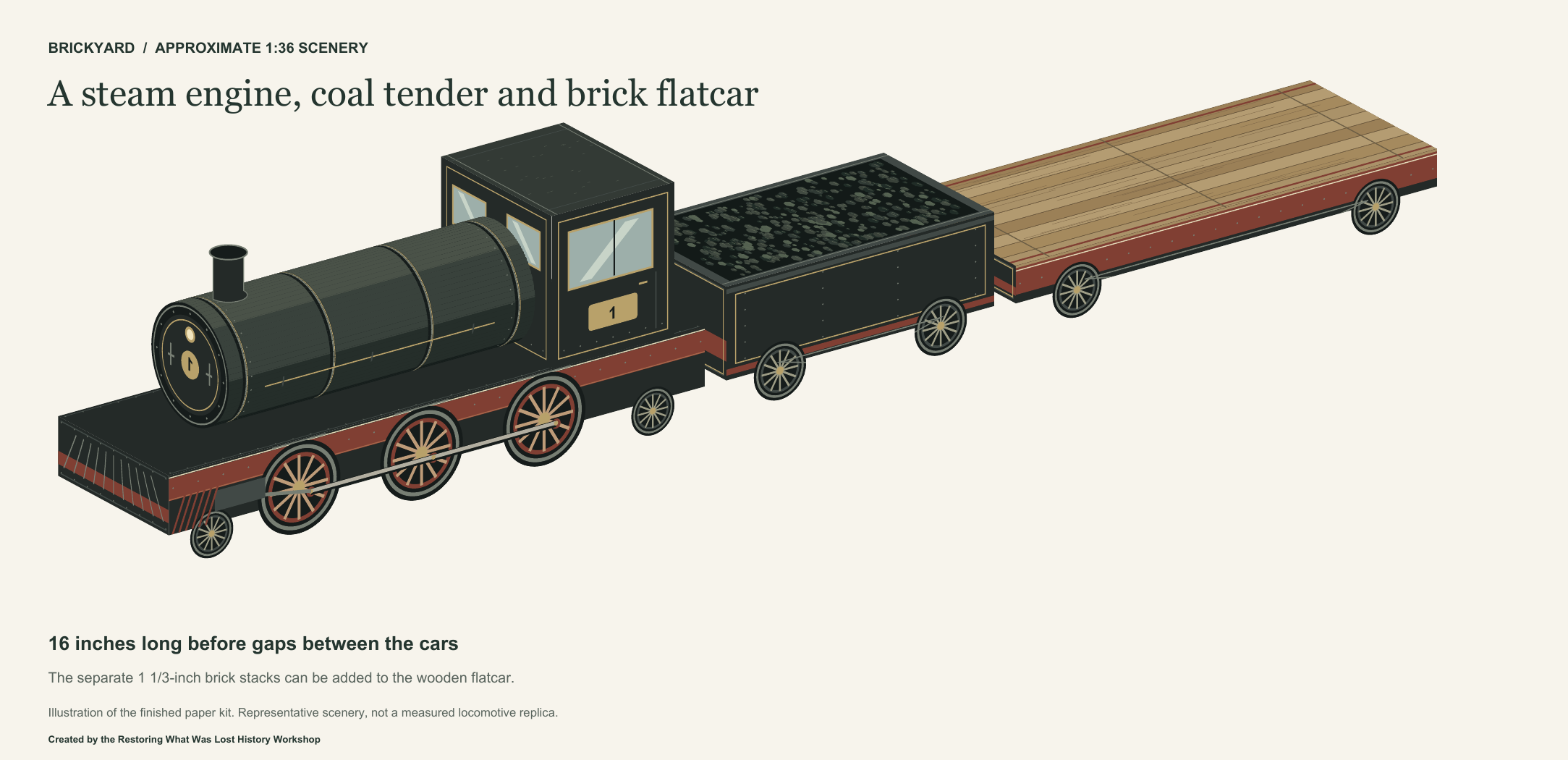 Illustration of an assembled paper steam engine, coal tender, and brick flatcar