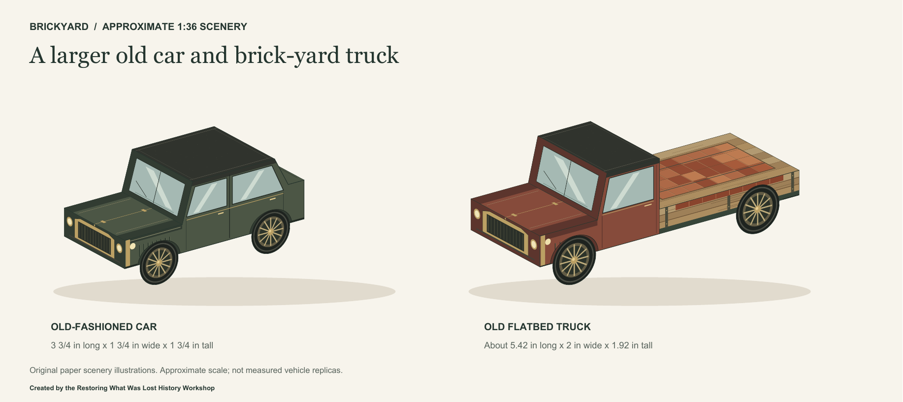Illustrations of an assembled old-style paper car and flatbed work truck